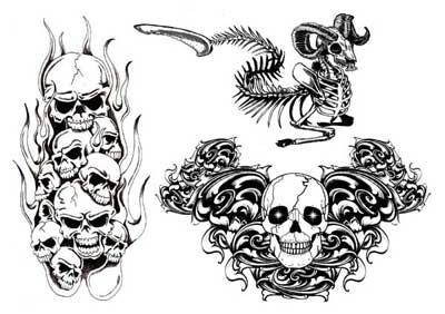 Three large fake tattoos. Large black tattoo. Burning skulls, skeletons