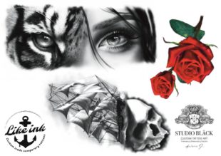 Tattoo design by Helene at Studio Bläck. Buy her design in the form of temporary tattoos with motifs like roses, skull, and tiger face.
