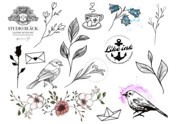 Fake tattoos with motifs of plants, birds, branches, and flowers. Beautiful tattoo.