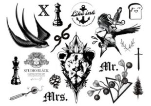 Temporäre Tattoos mit Motiven von Löwen, Messern, Schwalben und anderen stilvollen Motiven.