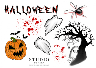 Halloween "Ghost" Studio av Akka A5 har en uhyggelig collage med en grinende gresskarlykt, spøkelsestatoveringer, edderkopp, flaggermus, blodsprut, spindelvevstre og R.I.P.-gravstein under den skumle HALLOWEEN-teksten.