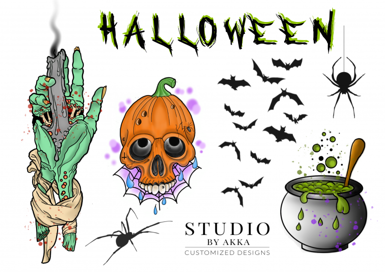 Halloween fake tattoos with witch's brew, bats, and skulls.