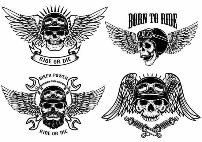 "Born To Ride" tattoos, skulls with wings.