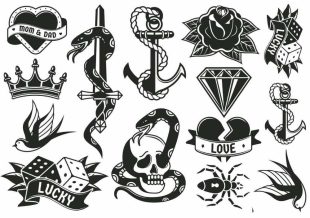 Old school tattoo symbols, diamond, dice, swallow.