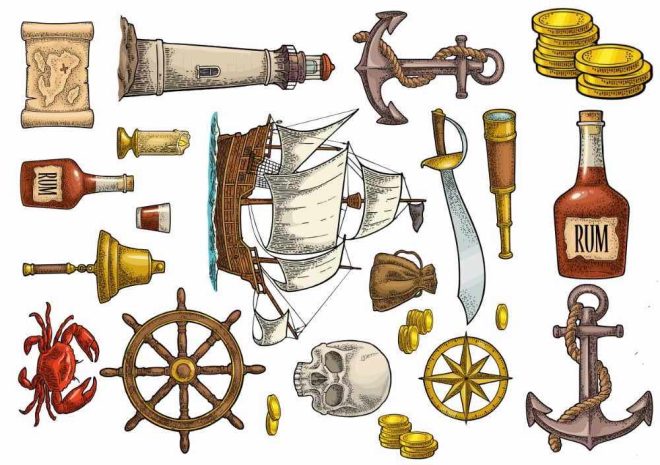 Pirate adventure, tattoos with lighthouse, anchor, and binoculars.