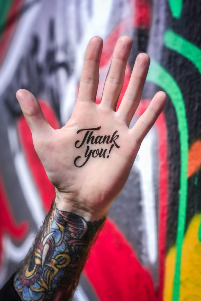Like ink gift card image of hand with text Thank you! Are you getting a tattoo? Start with a temporary tattoo.