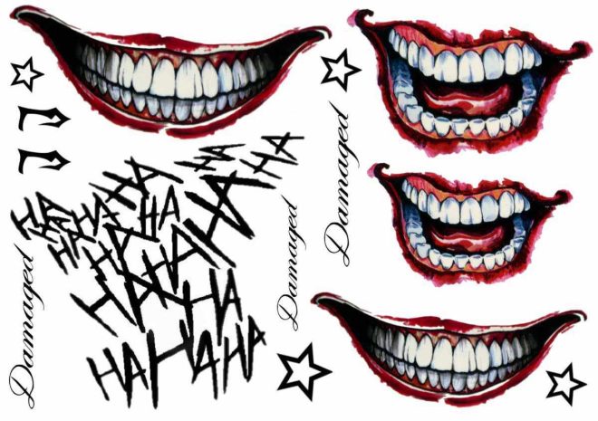 Joker face tattoos. Joker mouth tattoo, Joker Damaged tattoo, HAHAHA temporary tattoo. Star tattoo. Buy Joker tattoo at Like ink