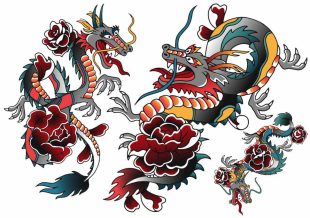 Temporary tattoos with colored dragons in Old-School style.