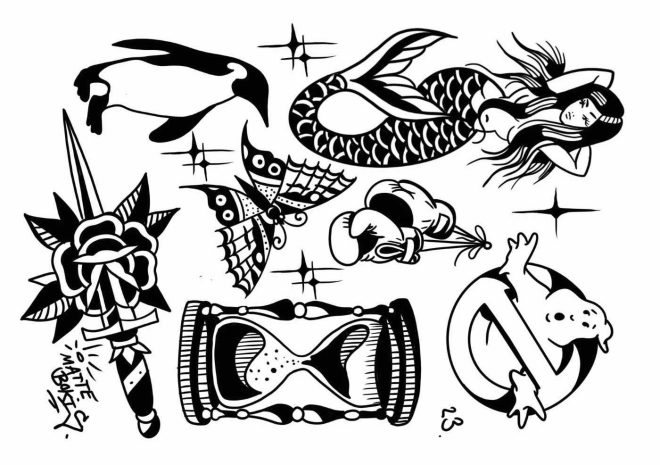 Black n gray temporary tattoos featuring a mermaid, boxing gloves, and hourglass from Real Fake Tattoos by Like ink.
