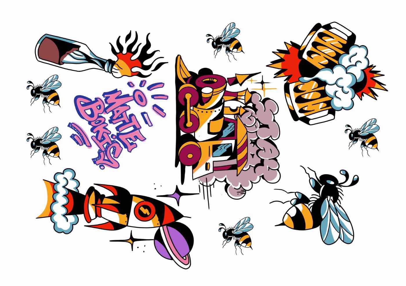 Rocket, wasp, and beer glass in graffiti style as temporary tattoos from Like ink.
