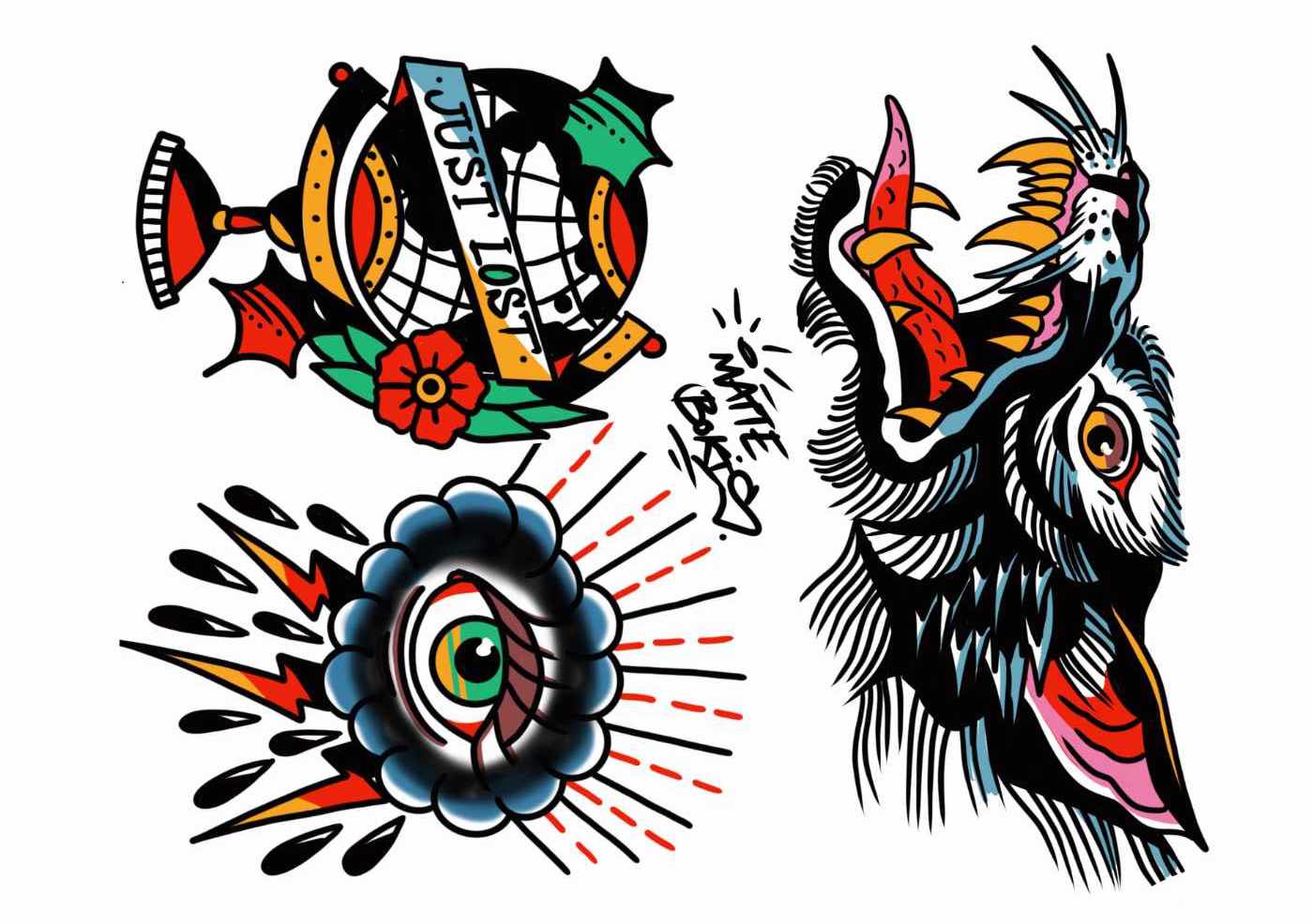 Colorful fake tattoos in old school style featuring a globe, the text "just lost", and a wolf.