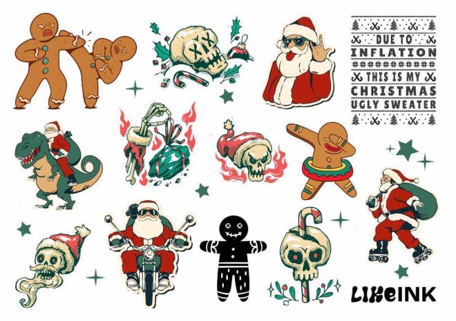 The image displays a collection of unique temporary tattoos inspired by Christmas. Each design merges the traditional Christmas feel with a more edgy tattoo style. Among the highlighted designs are a skull donning a red Santa hat and a cool Santa riding a motorcycle. There are also other hand-drawn Christmas motifs that have a distinct tattoo vibe, adding a unique twist to classic Christmas themes. This collection is perfect for those looking for something different to wear during the festive season.