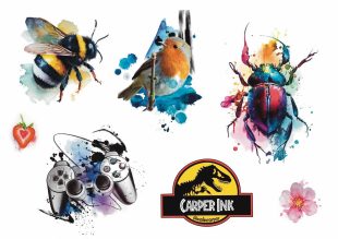 Tattoo sheet with six watercolor tattoos designed by Malin Carper, including a bumblebee, a bird, and a game controller. Temporary tattoos from Like ink.