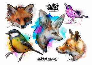 Colorful tattoos in street and graffiti style by the artist Sagie Tattoo. Temporary watercolor tattoos of a fox, birds by Unikum Gallery for Like ink