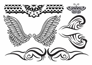 A collection of five different black rub-on tattoos intended to be applied as "Tramp Stamp" (lower back tattoos), varying in size from 6 to 19 cm. This collection includes distinct motifs: A complex tribal design that highlights sharp lines and curves, typical of tribal style. Wings that spread out with detailed feather patterns, giving a sense of freedom and escape. A butterfly with spread wings, symbolizing transformation and the fleeting beauty. A tattoo with a tribal mandala, where intricate patterns intertwine in a harmonious design symbolizing balance and unity. Each tattoo is created with precision to mimic the appearance of permanent tattoos and offers a temporary solution for those wishing to decorate their body without long-term commitment.
