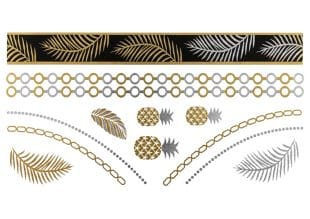 Guld Foil Temporära Tatueringar med palmblad, ananas, halsband och prickiga mönster i guld och silver på vit bakgrund - perfekt för dig som älskar eleganta temporära tatueringar.