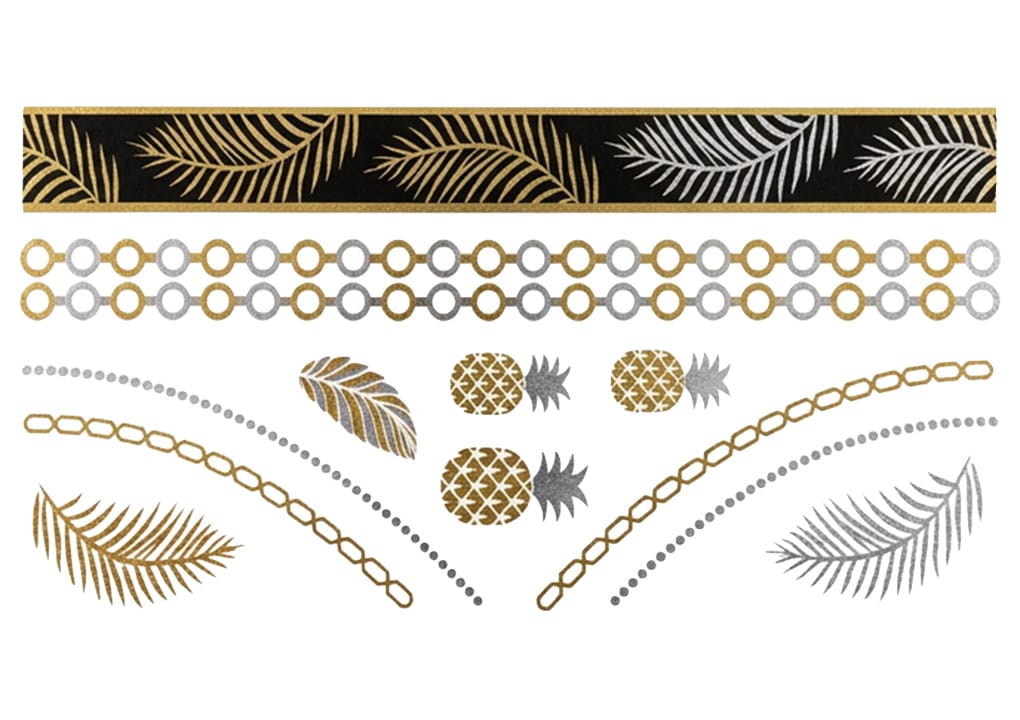 Guld Foil Temporära Tatueringar med palmblad, ananas, halsband och prickiga mönster i guld och silver på vit bakgrund - perfekt för dig som älskar eleganta temporära tatueringar.