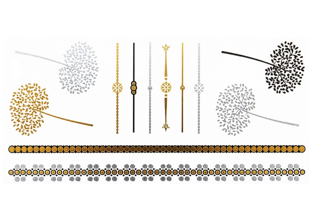 Silver Foil Temporära Tatueringar med stiliserade maskrosor i guld, svart och silver med matchande kanter och cirkelmönster, horisontellt placerade på en vit bakgrund.