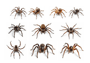 A collection of realistic temporary tattoo designs featuring various spiders in different sizes and poses.
