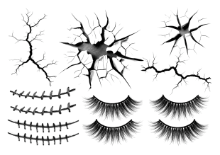 Temporary tattoo sheet with cracked glass, cracks, eyelashes, and stitches designs.