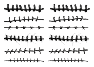 Svarta stygnmönster i form av temporära tatueringar i olika designer, som efterliknar olika typer av sömmar.