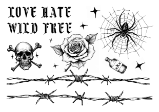 Temporary tattoos with prison-inspired designs including a skull, barbed wire, spider, and knuckle tattoo lettering.