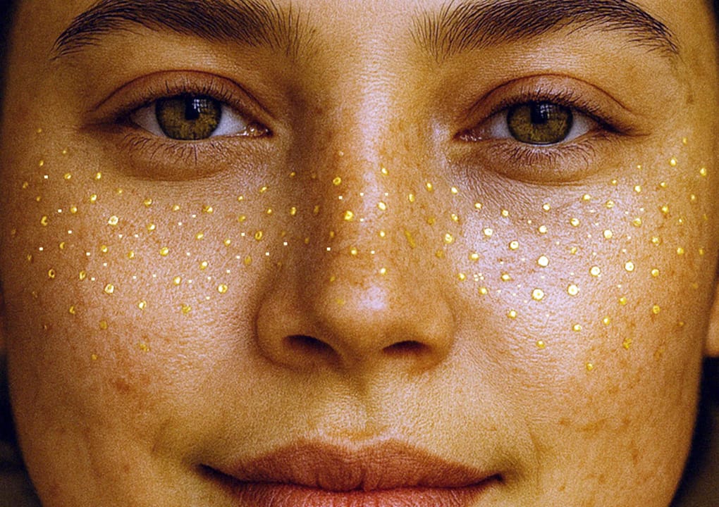 Et nærbilde av en kvinnes ansikt viser gullglitterprikker fra Freckle Tattoos Golden Rain spredt over kinnene og nesen hennes. Hun har klar hud, grønne øyne og et nøytralt uttrykk, med en mykt uskarp bakgrunn som fremhever det strålende utseendet hennes.