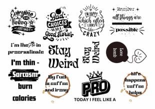 Sheet of temporary tattoos featuring humorous and motivational quotes in various fonts and styles.