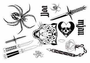 Black and white temporary tattoo sheet featuring daggers, a leopard head, spiders, a skull heart, and gothic lettering.