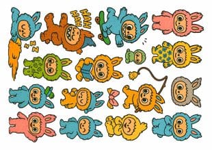Labubu babies tattoos featuring colorful cartoon baby monsters with big eyes and playful expressions in various cute poses.