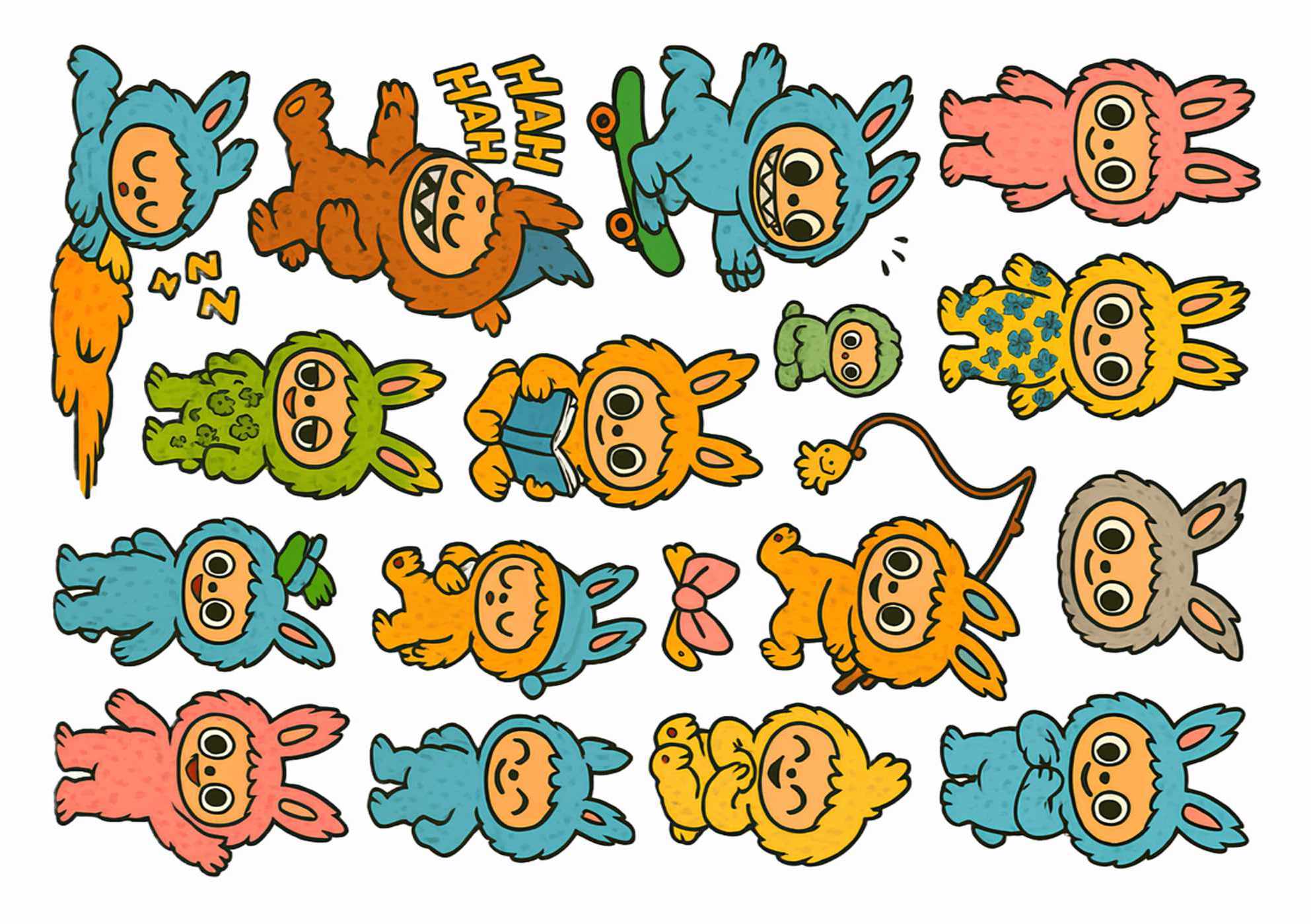 Labubu babies-Tattoos mit bunten, cartoonartigen Babymonstern mit großen Augen und verspielten Gesichtsausdrücken in niedlichen Posen.