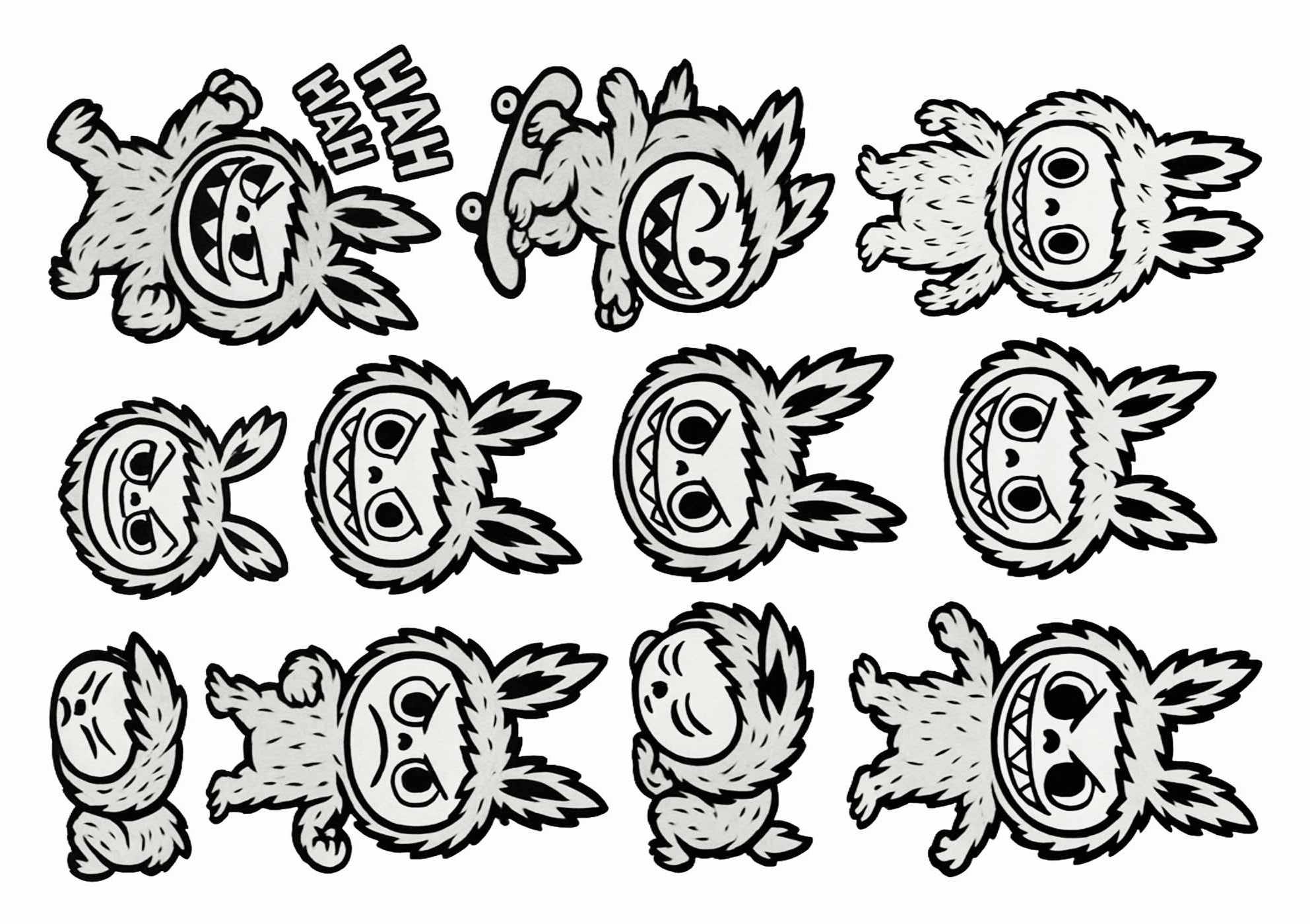 Lafufu-Tattoos mit schwarz-weißen Cartoon-Monstern in spielerischen und ausdrucksstarken Posen.
