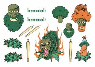Temporary tattoo sheet with cartoon broccoli characters, joints, and cannabis-themed designs inspired by Broccoli Podden and Generalens Hampa.
