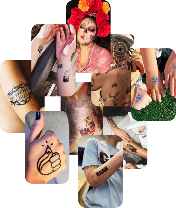 Ett collage av olika händer, armar och ett ansikte dekorerade med tillfälliga tatueringar, invecklade hennamönster och djärv konst, inklusive en kvinna med en blommig huvudbonad och Day of the Dead-smink.