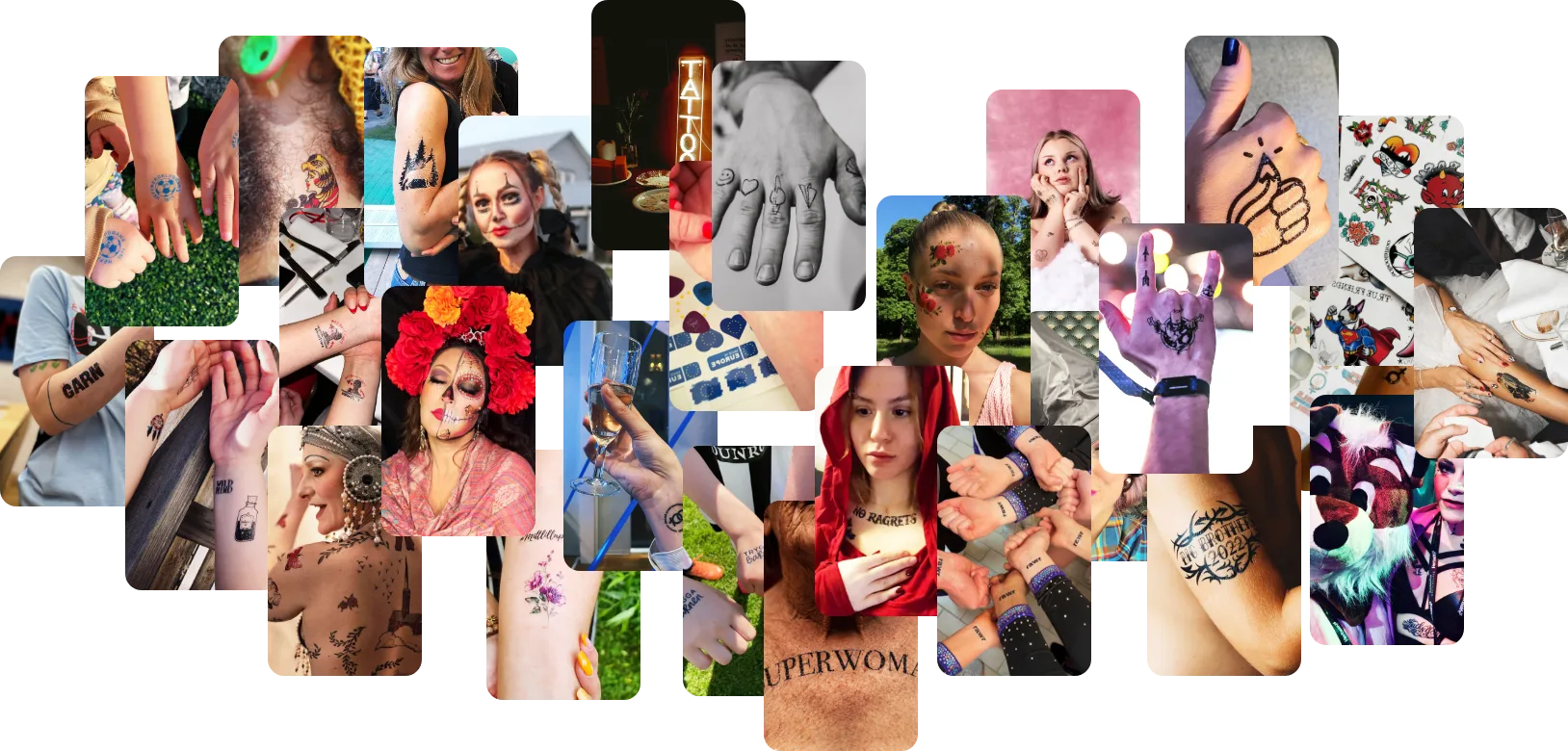 Collage av olika människor som visar tillfälliga tatueringar på händer, armar, ansikten och andra kroppsdelar, med färgglada och lekfulla mönster som text, blommor, seriefigurer och abstrakta mönster.