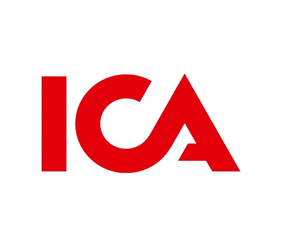 Röd ICA-logotyp med djärva, moderna bokstäver på vit bakgrund, som återspeglar den innovativa andan i branschen för tillfälliga tatueringar.