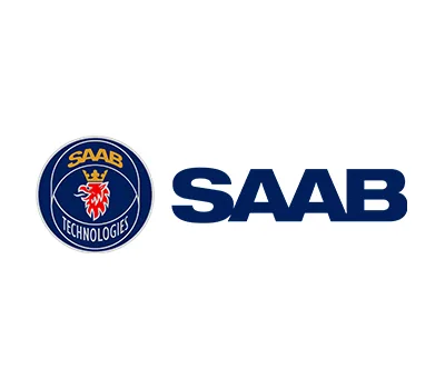 Saab Technologies logotyp med ett blått cirkulärt emblem med en röd grip, en guldkrona och orden SAAB TECHNOLOGIES, bredvid fet, mörkblå SAAB-text - perfekt för att visa upp varumärkesidentiteten i branschen för tillfälliga tatueringar.
