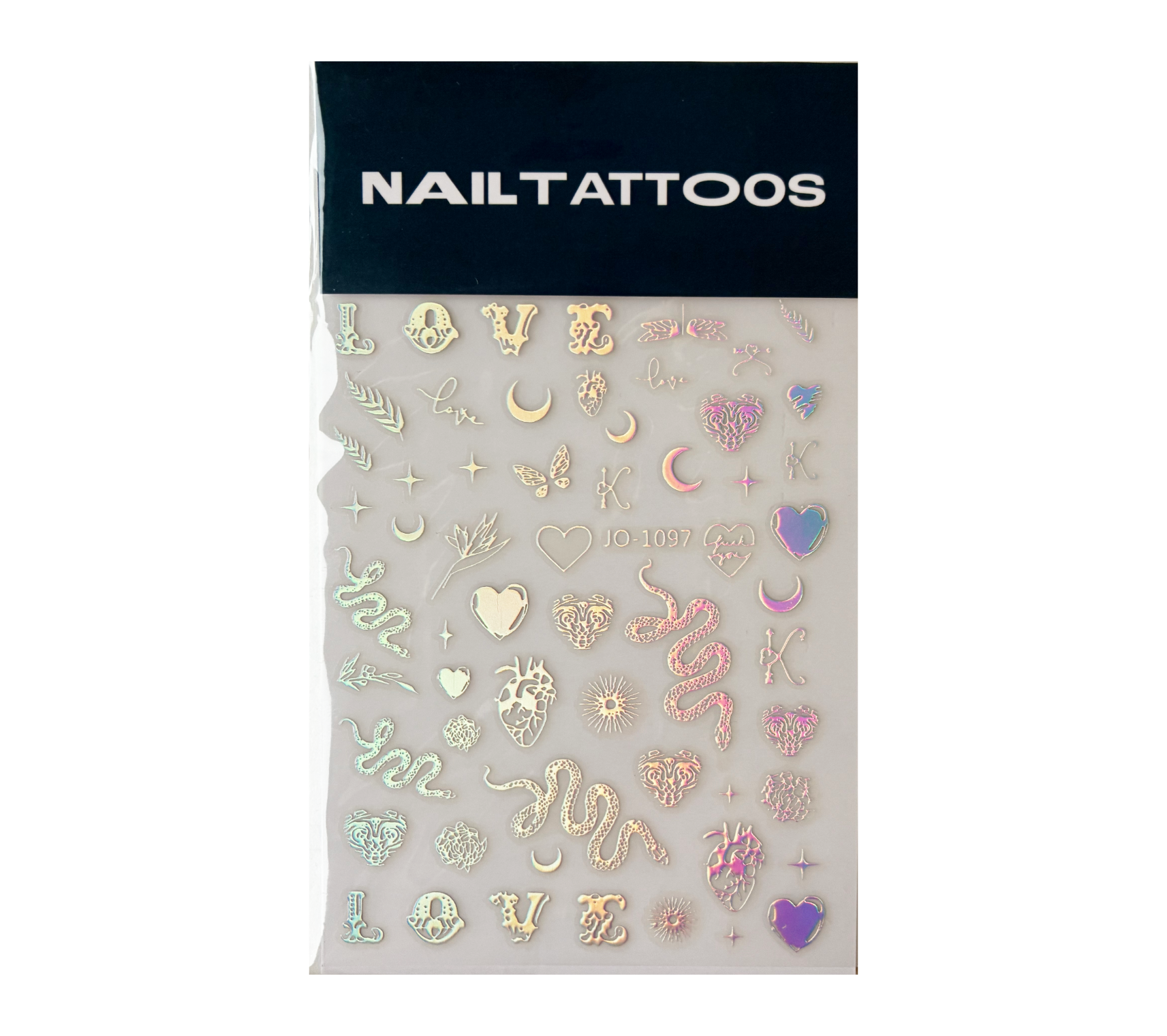 Ett ark märkt NAIL TATTOOS med holografiska klistermärken för nagelkonst, inklusive ormar, hjärtan, stjärnor, halvmånar, ordet LOVE, solar och andra dekorativa symboler.