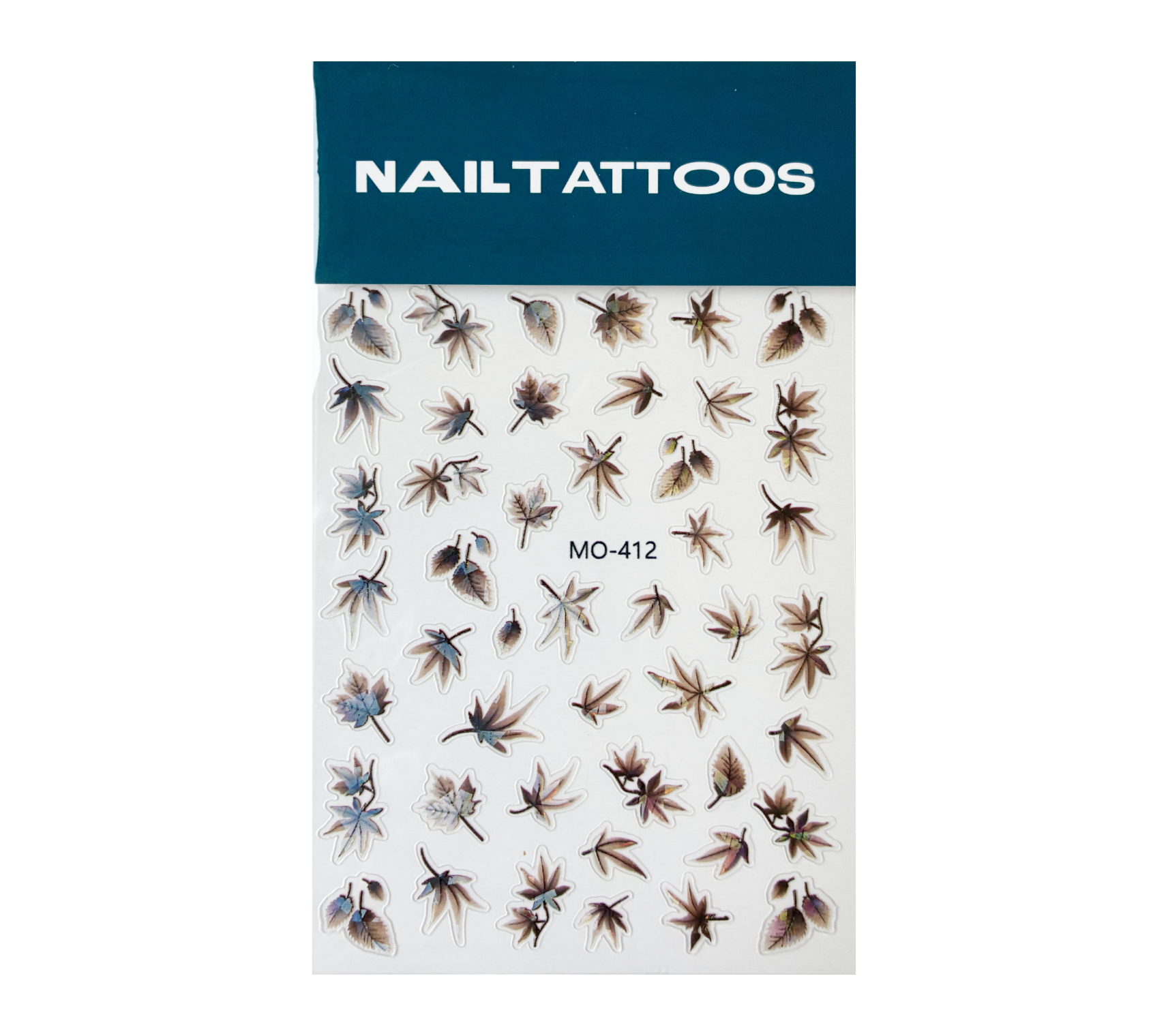 Ett ark märkt NAIL TATTOOS med diverse små nagelklistermärken med torkade blommor och blad i olika former och bruna nyanser.