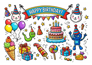 Färgglad tecknad födelsedagsscen med en tårta, ballonger, presenter, glass, partyhattar, konfetti, en banderoll med texten Happy Birthday, lekfulla djur, en robot, en mask, klubbor, stjärnor och festliga dekorationer.