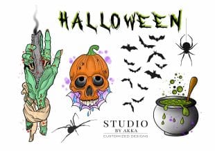 En illustrasjon med Halloween-tema med en zombiehånd, en gresskarskalle, svarte flaggermus, to edderkopper og en boblende grønn gryte med teksten STUDIO BY AKKA CUSTOMIZED DESIGNS nederst.