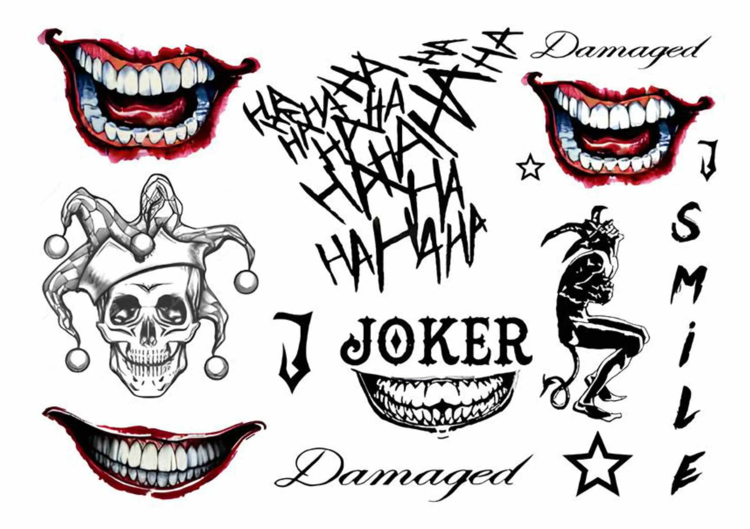 A collage of Joker-themed tattoos, including sinister grins with red lips, a skull with a jester hat, the words “Joker,” “Damaged,” and “Smile,” a crouching jester, stars, and “HA HA HA” in chaotic lettering.