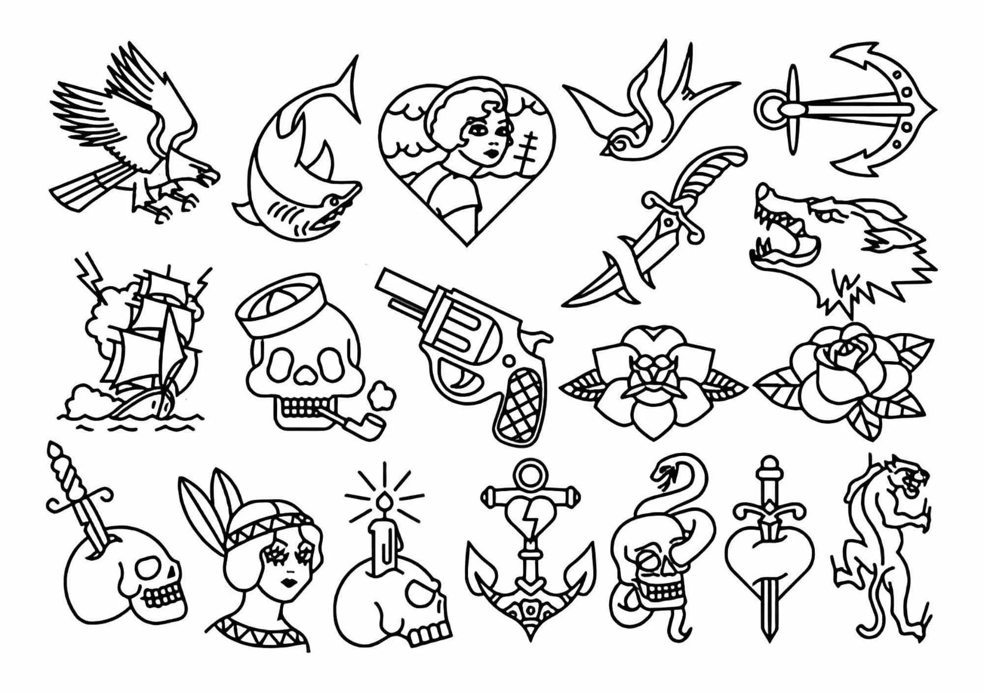 A collection of black and white traditional tattoo flash designs, including animals, skulls, a ship, roses, daggers, a revolver, an anchor, a heart, and a womans face in a vintage style.