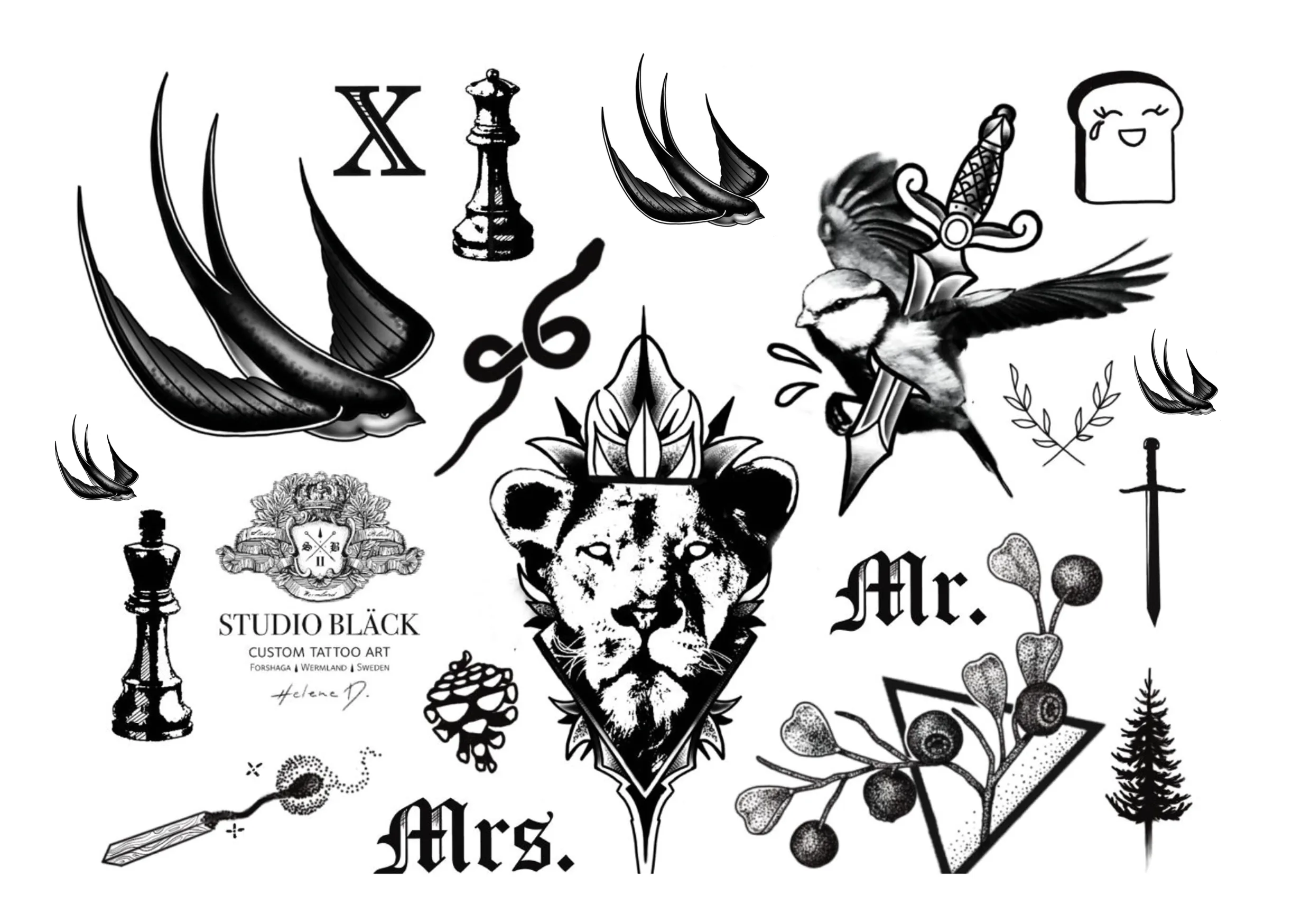A collage of black and white tattoo-style illustrations, including a lion, chess pieces, a swallow, a bird with a dagger, Mr. and Mrs. text, olive branches, a pine tree, and a smiling toast.