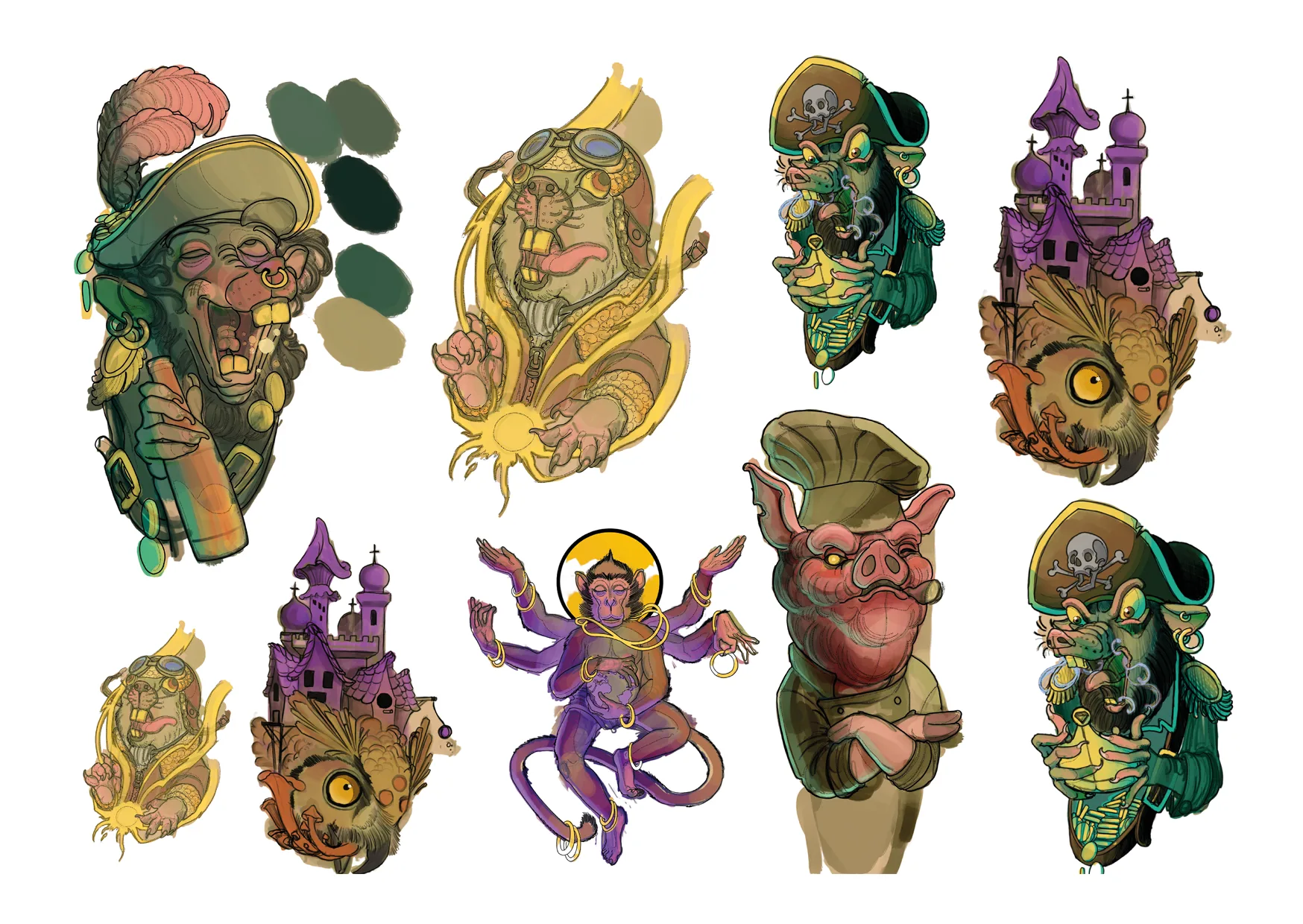 A collection of colorful fantasy character illustrations, including whimsical animals, a multi-armed monkey, castles, and an old-timey pirate, with a color palette shown in the upper left corner.