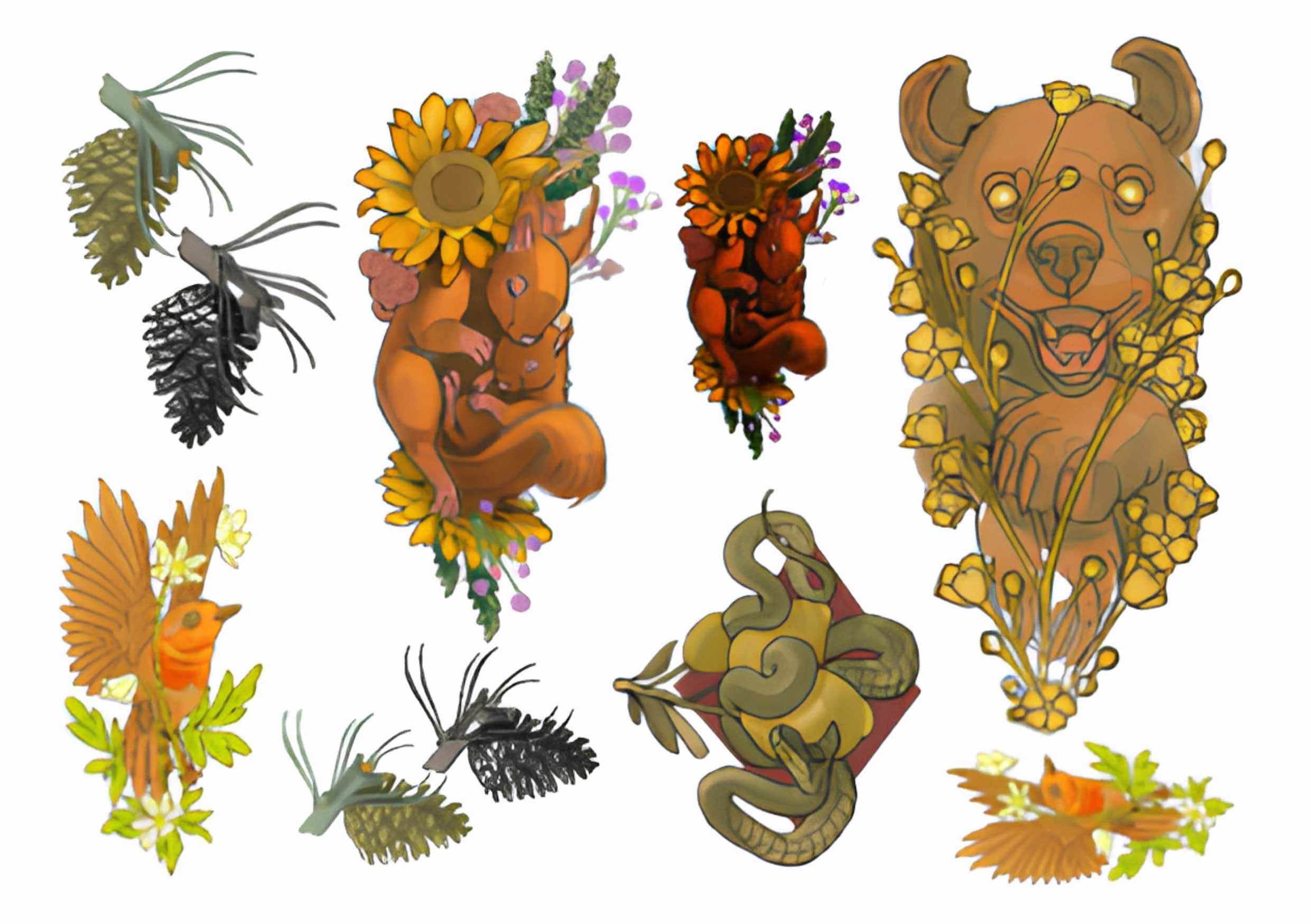 En samling digitale illustrationer af dyr og planter, bl.a. et egern med solsikker, en bjørn med gule blomster, fugle, kogler, en slange og forskellige blade og blomster.