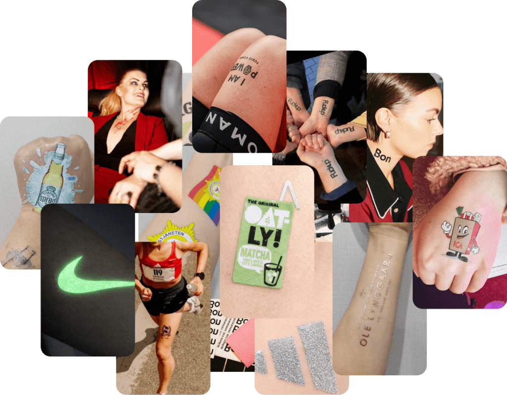 En collage av mennesker som viser ulike midlertidige tatoveringer på huden, inkludert ord, logoer, tegneseriefigurer og produktmerker. Noen tatoveringer er fargerike, andre svart-hvite, med ulike bakgrunner og vinkler.