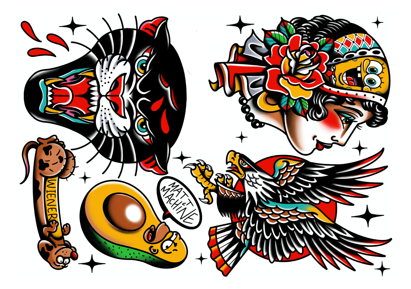 Kokoelma värikkäitä perinteisiä tatuointimalleja, kuten karjuva musta pantteri, nainen värikkäässä päähineessä, lentävä kotka, avokado kasvoilla ja sarjakuvamainen makkara nimeltä Wiener.