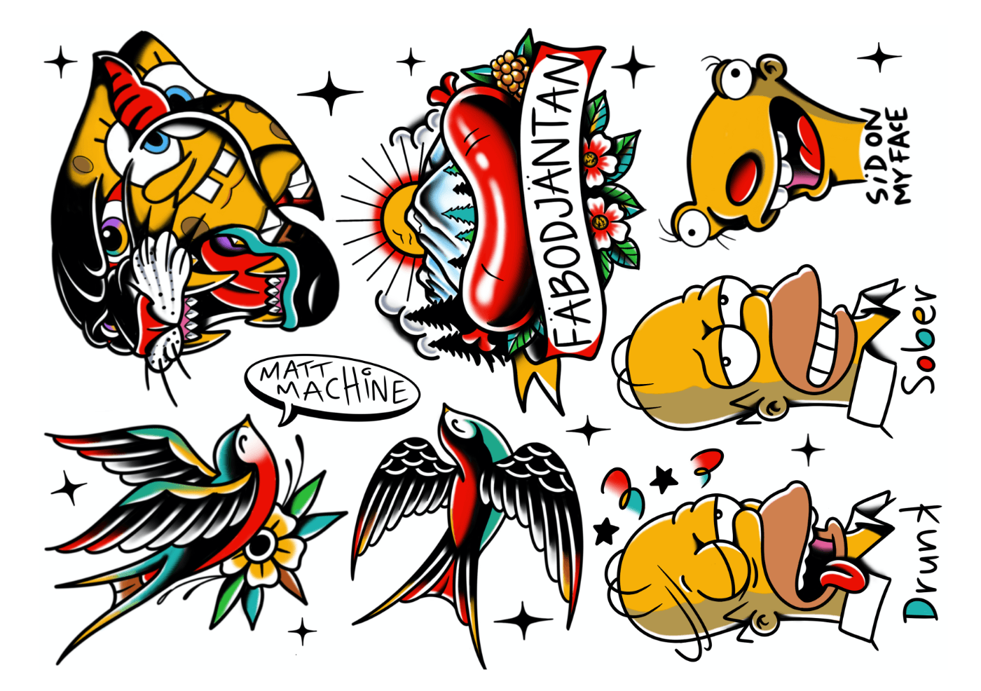 Un collage de coloridas imágenes estilo tatuaje que incluye golondrinas, una salchicha con "FÄBODJÄNTAN" y cuatro cabezas de dibujos animados etiquetadas como "Sobrio" y "Borracho". Hay pequeñas estrellas esparcidas por el fondo.