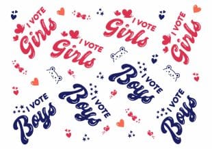 Et mønster med rød I VOTE Girls-tekst og blå I VOTE Boys-tekst, omgitt av hjerter, stjerner, sløyfer og bjørnefjes på hvit bakgrunn.